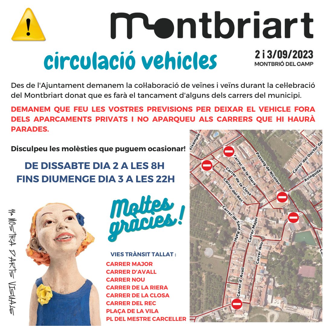 ℹ️ Informació important sobre la circulació viària 🚗🏍 durant el cap de setmana del #Montbriart 🙋‍♀️🙋
🙏 Disculpeu les molèsties que puguem ocasionar 😇
#montbriart2023 #art #artsvisuals
#montbriodelcamp #pintura #escultura #fotografia
#ceramica #videoart #urbanart #disseny
