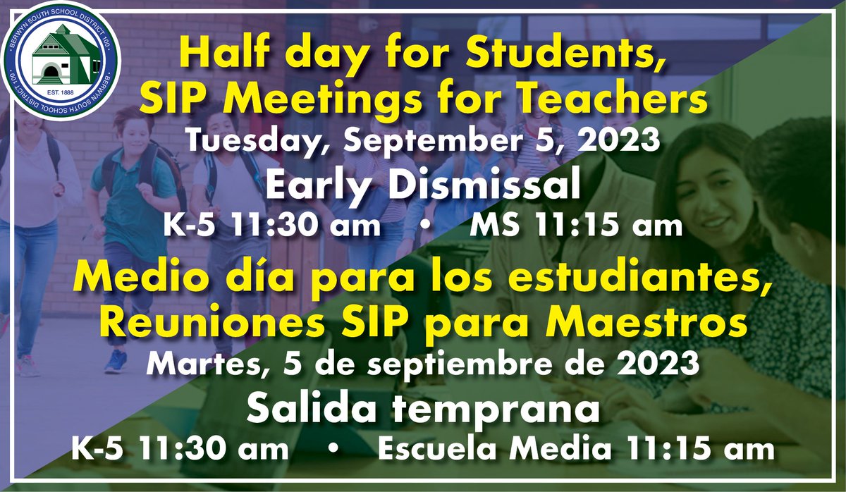 Labor Day
Monday, September 4, 2023
No School
Half day for Students, SIP Meetings for Teachers
Tuesday, September 5, 2023
Early Dismissal
K-5 11:30 am
MS 11:15 am
#D100Inpires
