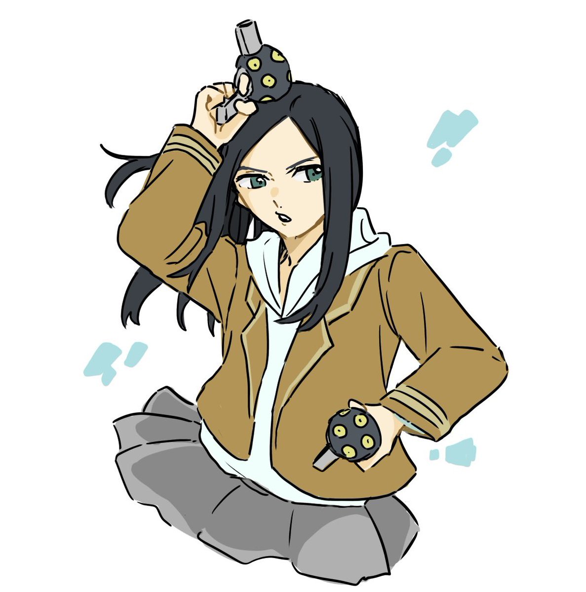 1girl black hair weapon solo skirt gun jacket  illustration images