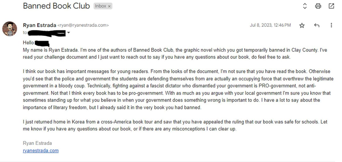 Over the last few months, I became penpals with the guy who banned my book, + hundreds of others. He markets himself as a 'concerned parent' despite having received funding to move to a district where he does not have a child and start a chapter of a book-banning organization.