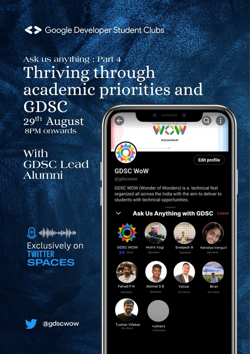 GdscKerala's tweet photo. Attention GDSC Leads📢

Join @gdscwow for the last time with the leads to know more about how we used to manage both Academic and GDSC.

We have  @SREEJESHR15 , @FahadNoushad17, @abimelsbk from Kerala.

Set a reminder 
https://t.co/3nIyeO874k https://t.co/WgDlQgTcox