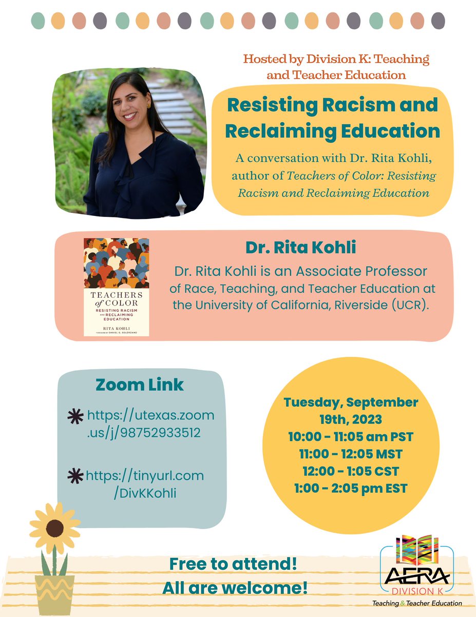 Greetings and Happy Monday! Join us for “Resisting Racism and Reclaiming Education,” a conversation with Dr. Rita Kohli, author of Teachers of Color: Resisting Racism and Reclaiming Education, on Tuesday, September 19th. Join here: utexas.zoom.us/j/98752933512.