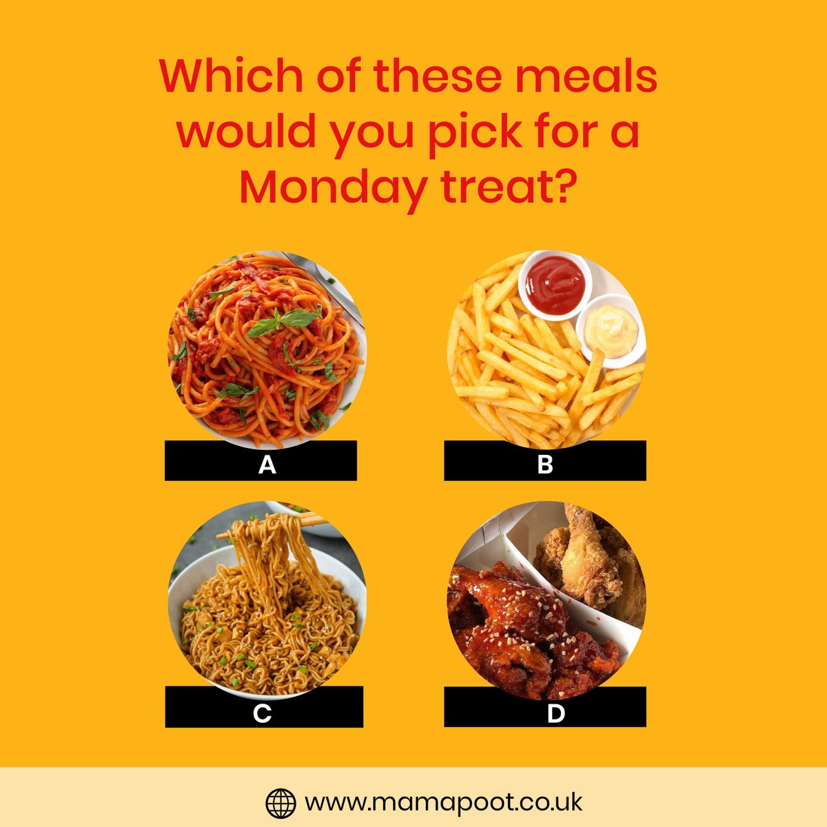 Which of these meals would you rather have for a Monday treat?

Happy new week Mamapoot foodies🎉
We hope you have the most amazing week ever!

#monday #realmamapoot #foodies #nigerianfoodintheuk #egusisoup #frenchfries #lunchideas #dinnerideas #mondaylunch #ukchefs
