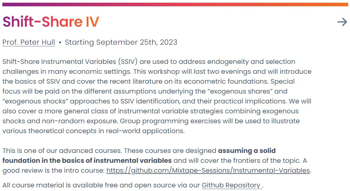 In just under a month (September 25th) I'll be leading an online course on shift-share IV and related methods. The course will include lectures, live discussion, and coding practice -- should be a lot of fun! Sign up here, and please share/RT: mixtapesessions.io/session/shift_…