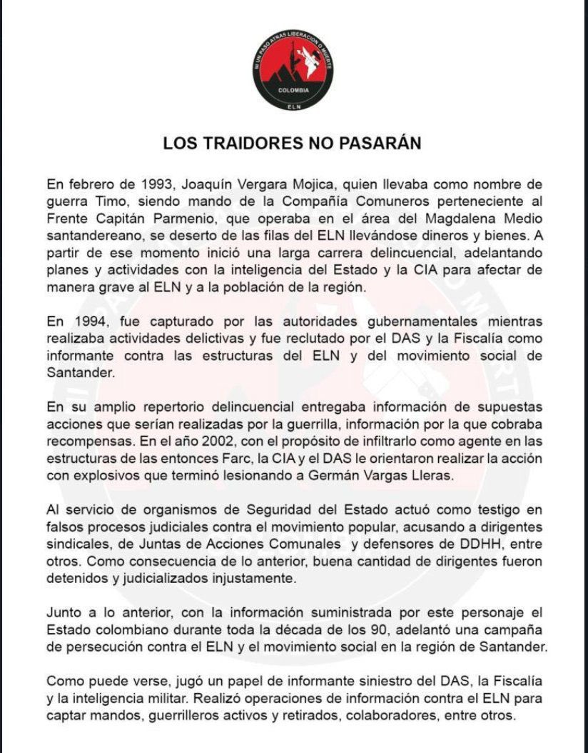 MariaFdaCabal's tweet photo. Con absoluta tranquilidad los terroristas del ELN reconocen que asesinaron a Joaquín Vergara. 

Según ellos el ir fuera compañero suyo, "merecedor de la pena capital"

Estos criminales siguen delinquiendo, mientras el gobierno habla de “paz”. https://t.co/BXr9EvuZVO