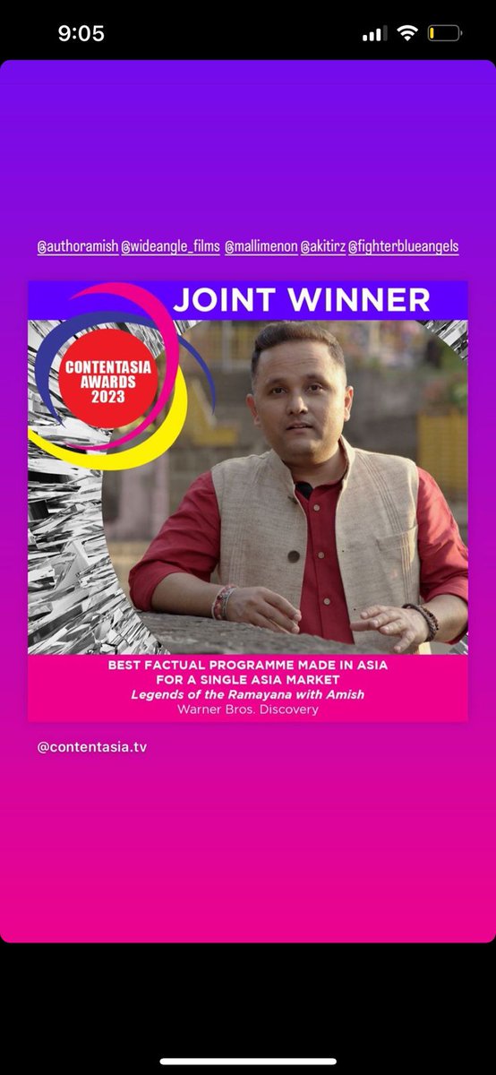 authoramish's tweet photo. A proud moment for the whole #LegendsOfTheRamayan team. Our documentary was the joint winner as the best factual programme made in Asia at @ContentAsia awards.
Congratulations @DiscoveryIN, @wideangle_films, @discoveryplusIN, Sai Abhishek, Sujata Kulshreshtha & Abhimanyu Tewari! https://t.co/xH7mm6vkKg