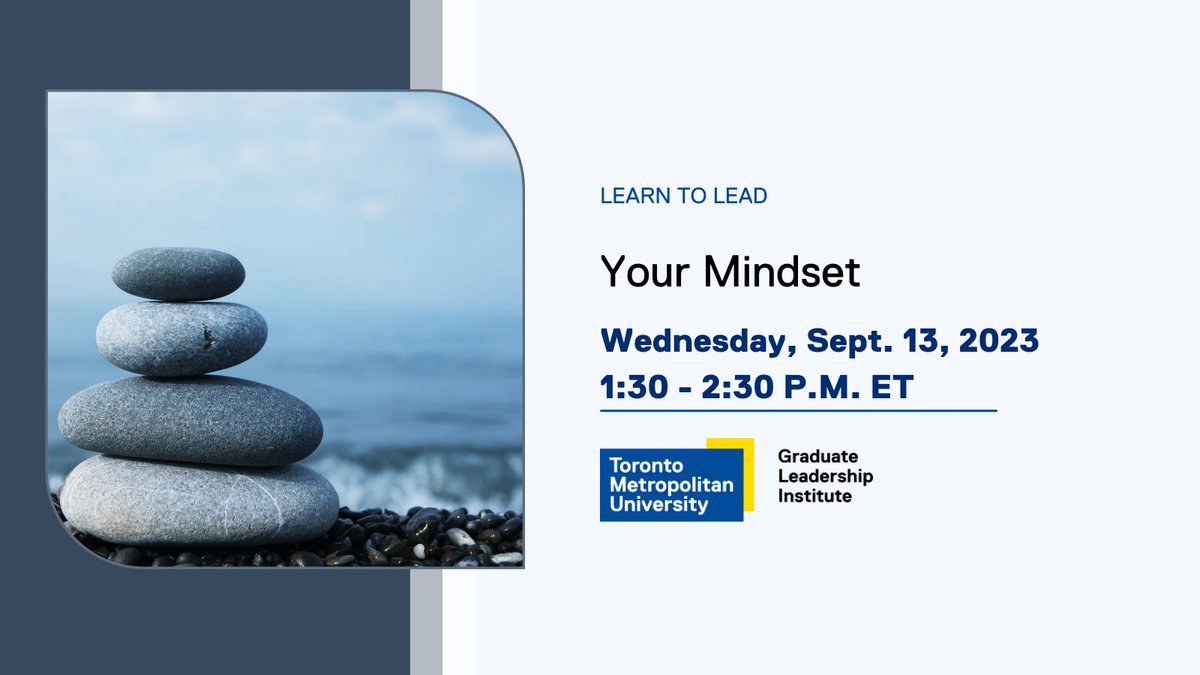 Register today! Join the Graduate Leadership Institute “Your Mindset” workshop on Wed., Sept. 13 and explore what it means to develop a growth mindset and how to persevere as a graduate student and leader. bit.ly/3OWEBrh