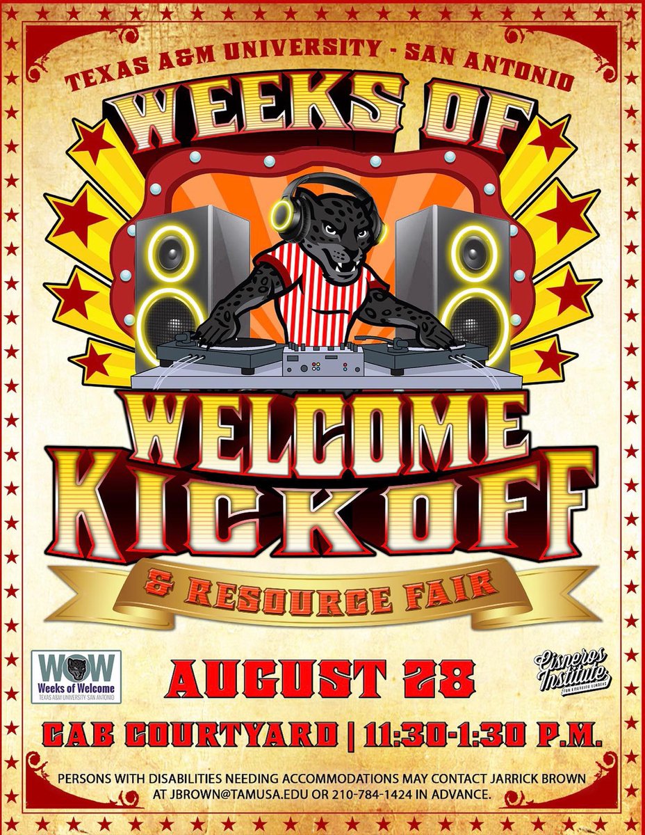 TAMUSanAntonio's tweet photo. Join us today for our Week of Welcome Kickoff and Resource Fair, where you can learn more about the different campus departments and their services. Happening today from 11:30 a.m. - 1:30 p.m. #TAMUSA #WeeksofWelcome https://t.co/XmofVJNr6t