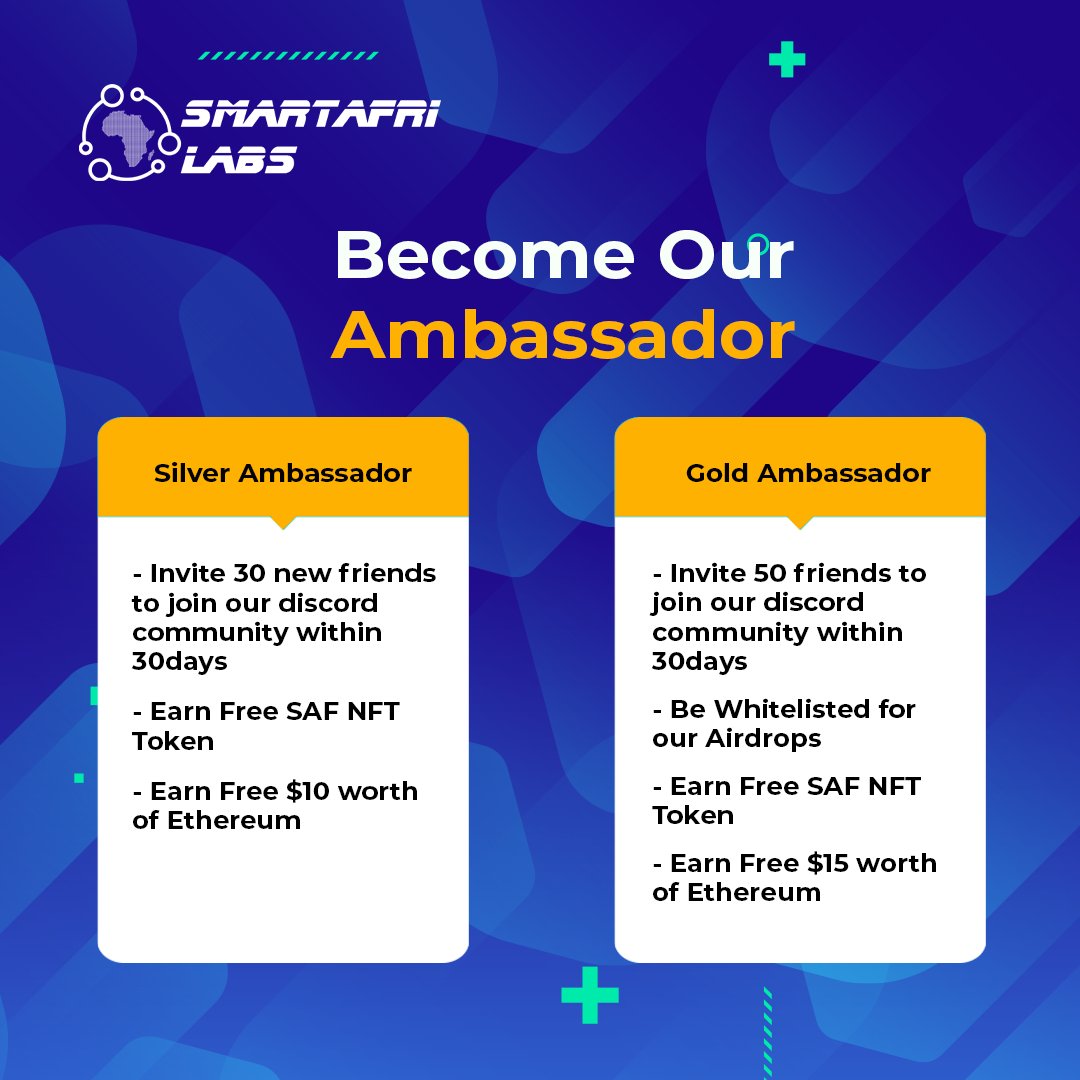 SmartAfriLabs's tweet photo. SmartAfriLabs invites you to join our Discord Ambassadorship Program🤗 and become a potential Silver/Gold Ambassador with lots of cash prizes and giveaways to be won 🤩. 

HURRY NOW, join our discord community by simply clicking on the link below;

https://t.co/uve4VZGo7v https://t.co/zNYaFv6UQI