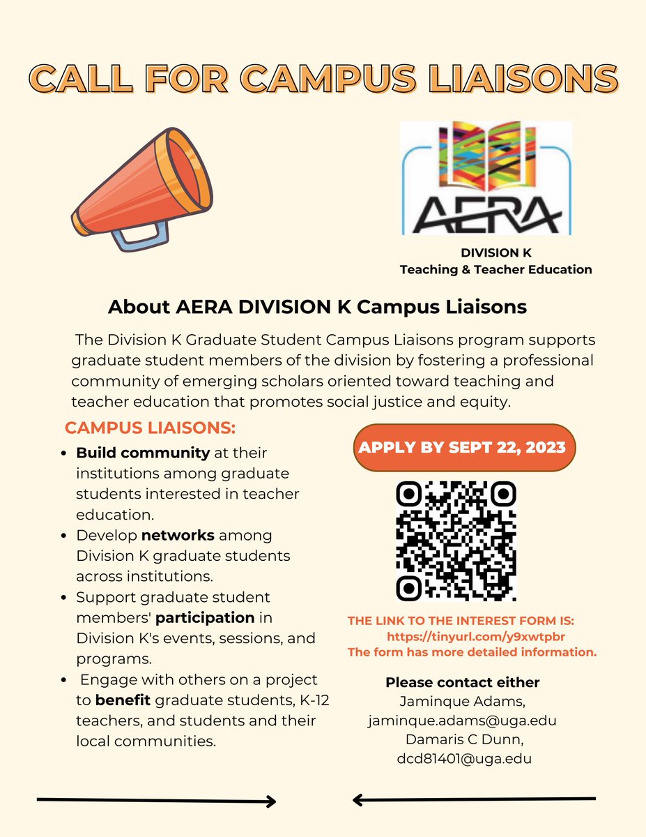 AERA_Grads's tweet photo. Are you looking to become active within the AERA GSC Network?
We are seeking campus liaisons for the 2023-2024 academic year! Collaborate with other liaisons and Division K representatives to share opportunities and build graduate student networks. #AERARep #DivisionK #AERA https://t.co/egK6lrZq6I