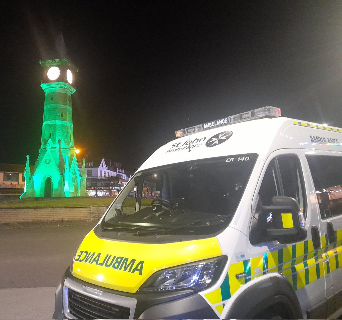 Even the #Skegness Clock Tower acknowledged the presence of our <a href="/stjohnambulance/">St John Ambulance England</a> Volunteers, who worked over the Bank Holiday weekend to keep people safe as they enjoyed their evenings out in the town. A @SJA_CR_EastMids project in partnership with <a href="/LincsPolice/">Lincolnshire Police</a>.