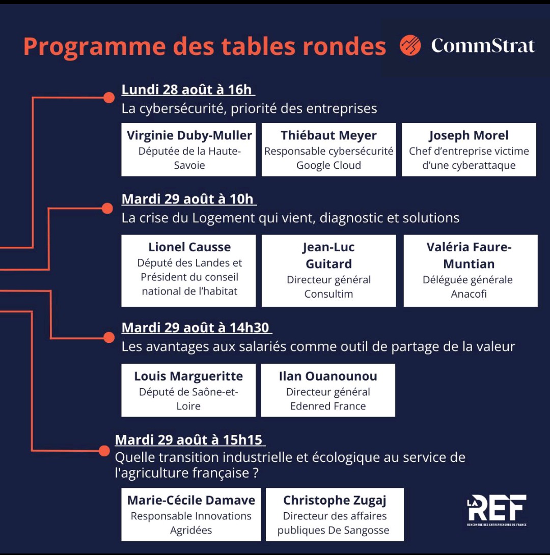 Retrouvez-nous aujourd'hui et demain à #LaREF23 du <a href="/medef/">Mouvement des Entreprises de France</a>
Suivez nos quatre échanges sur les enjeux d’actualités auxquels les entrepreneurs de France sont régulièrement confrontés, en partenariat avec <a href="/atlantico_fr/">Atlantico</a>
Retrouvez le programme ci-dessous ⬇️