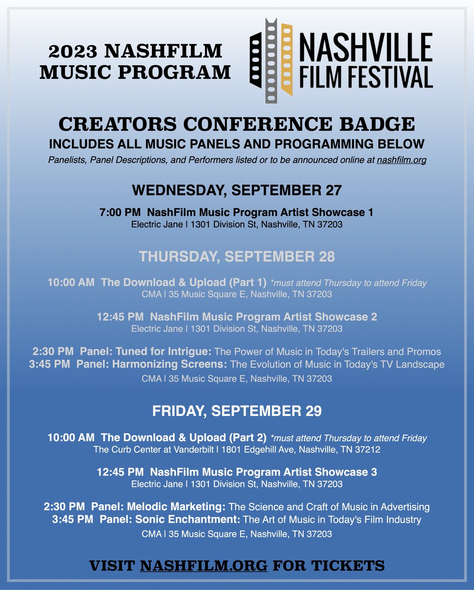 Announcing the #NashFilm54 Music Program schedule! 🎶✨ This lineup is packed with conversations for songwriters, artists, filmmakers, and anyone interested in learning about how songs are selected for films, TV, and marketing >> nashvillefilmfestival.org/2023-badges/