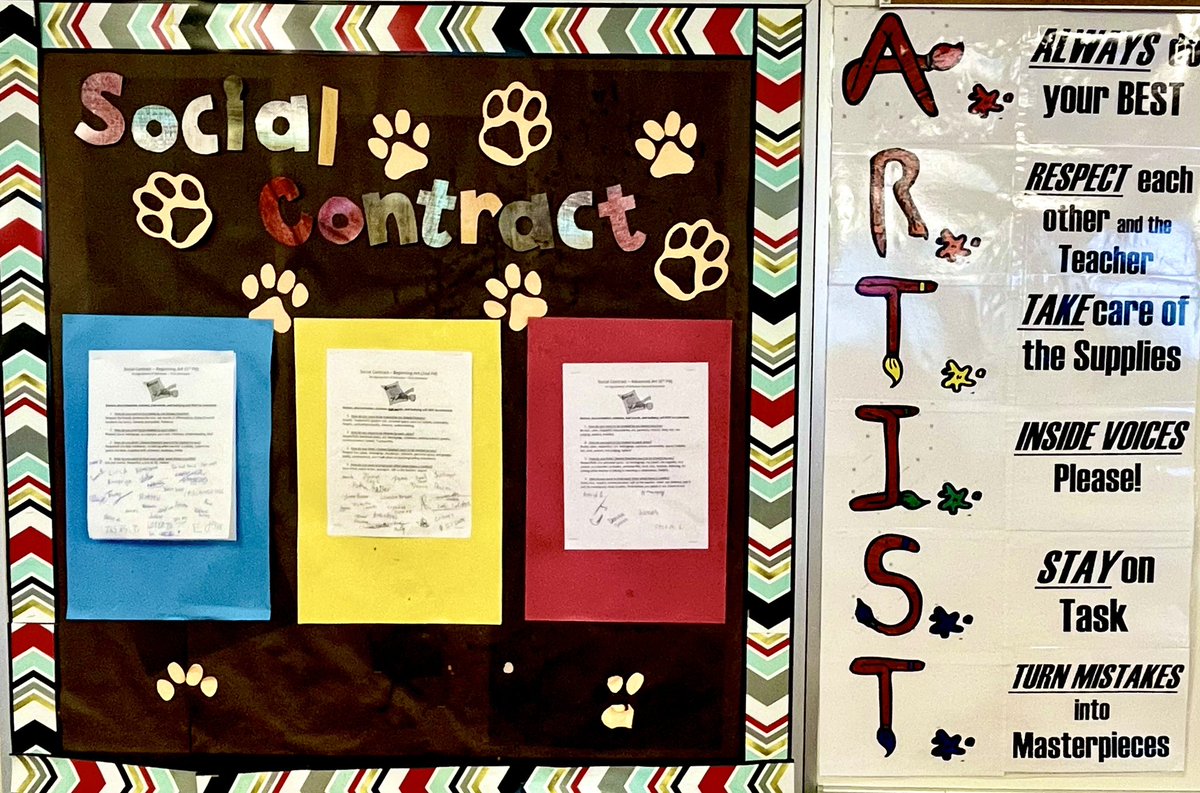 Our Social Contract and classroom expectations are on display! Students must behave like an A.R.T.I.S.T.
A.. Always do your best
R.. Respect each other/Teacher
T.. Take care of Supplies 
I.. Inside Voices pls
S.. Stay on task
T.. Turn mistakes into masterpieces