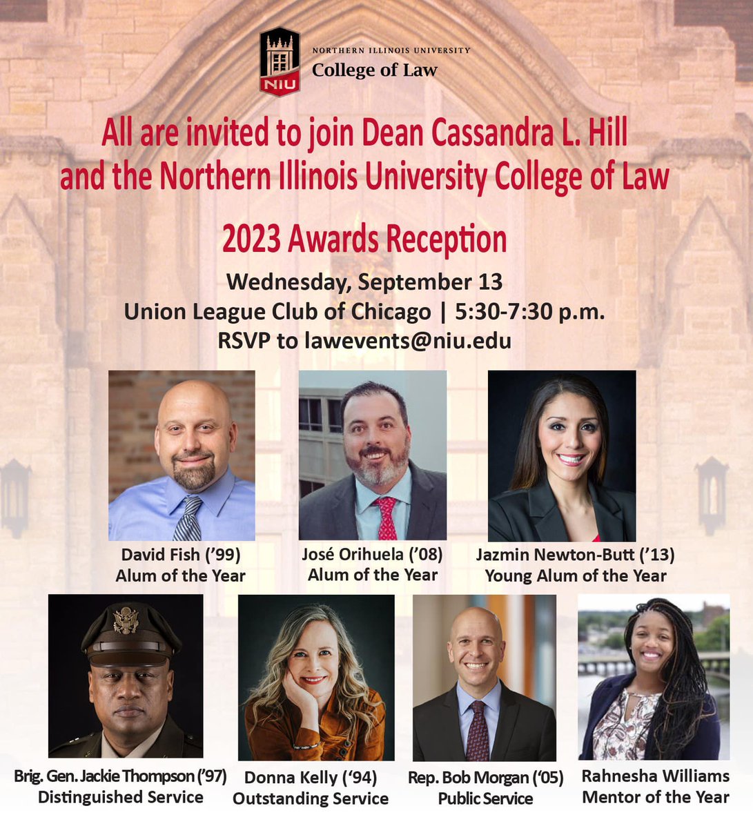 Mark your calendars for Sept 13. at 5:30 p.m. we invite you to join us at the Union League Club of Chicago to honor the distinguished recipients of the 2023 NIU Law Award. RSVP to lawevents@niu.edu by Sept 13. #niulaw #niulawhasitall #NIULawIs4You #niulawproud