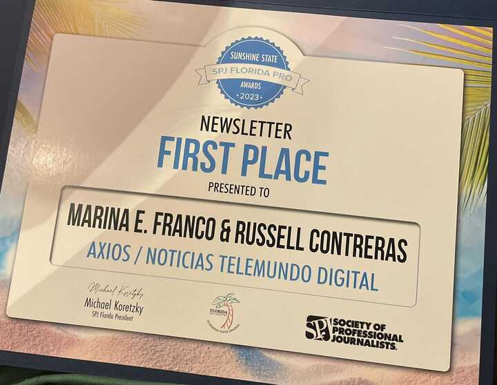 🏆Congratulations to <a href="/RussContreras/">Russell Contreras</a> and the Axios Latino team for winning 1st place in the newsletter category at the 2023 SPJ Sunshine State Awards!

<a href="/SPJ_SSA/">The Sunshine State Awards</a> | <a href="/SPJFla/">SPJ Florida</a> 
mcusercontent.com/65966baee6bbf0…