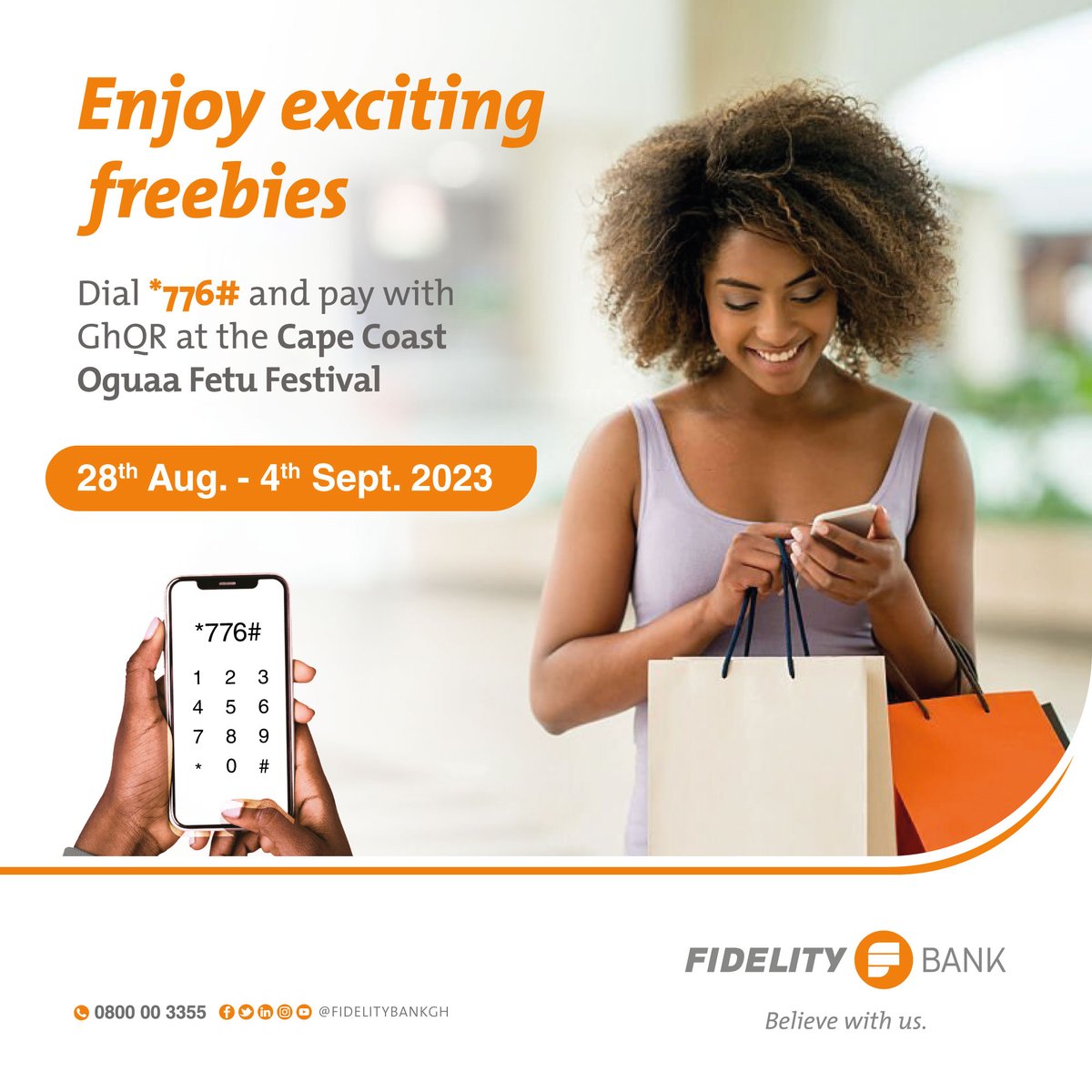 fidelitybankgh's tweet photo. #FetuAfahye 🔥🔥🔥, here we come!
Locate our GHQR vendors, dial *776# and select option 4  to make your payments during the festival  and enjoy #freebies.
#Fetu #festival #party #CapeCoast #Orange #Friday #GHQR #BelieveWithUs https://t.co/DQvhvJiCta