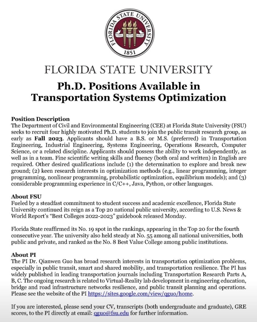 carpharyat's tweet photo. Ph.D. Positions in a research group at the department of civil and environmental engineering at Florida State University. Check full details below 👇 #PhD #Engineering #stateuniversity https://t.co/OZCgLQazvs