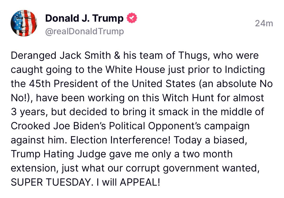 BREAKING: Donald Trump announces he is appealing his March 4th trial date and accuses special counsel Jack Smith of interfering in the 2024 election. Election interference is totally fine when the uniparty does it. The former president also called out Smith for a secret meeting…