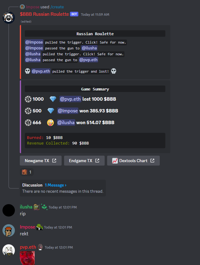 Added <a href="/BangERC20/">BANG-BANG-BANG (LIVE)</a> to <a href="/LarpKingdom/">Larp Kingdom</a> 

Our members can now play russian roulette while they shitcoin 

Super clean UI and pretty easy experience setting it up

Off to a great start so far on my first 2 game