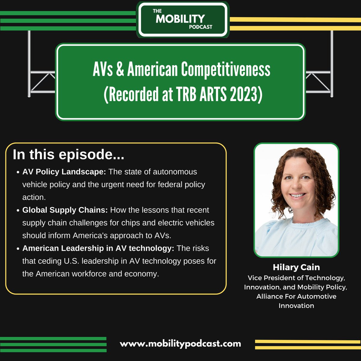 NEW: Hilary Cain is a leading voice on AV policy in the US – and she’s deeply concerned that federal inaction will cede American leadership in AV technology.

Tune into @MoveGreg and <a href="/sophiejantz/">Sophie Jantz</a>' interview with <a href="/HilaryCainDC/">Hilary Cain</a> at #TRBautomated.

buzzsprout.com/2237731/134846…