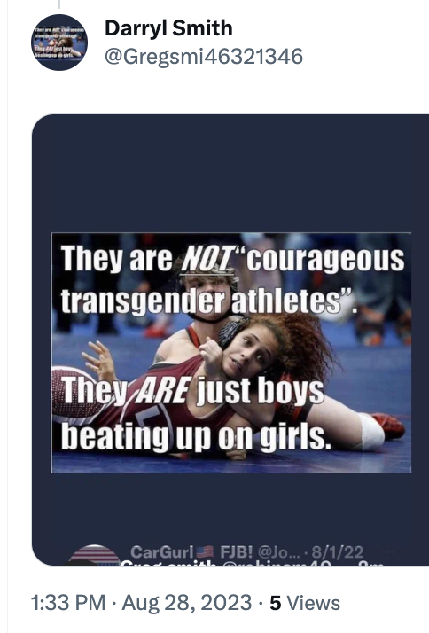 AriDrennen's tweet photo. Anti trans obsessives in my replies once again proving my point for me by spamming me with this photo of a trans male athlete who was forced to compete against women by anti trans Texas laws. Men do not belong in women's sports �� but that's exactly where GOP policies put them. https://t.co/cSXIsKqqRI