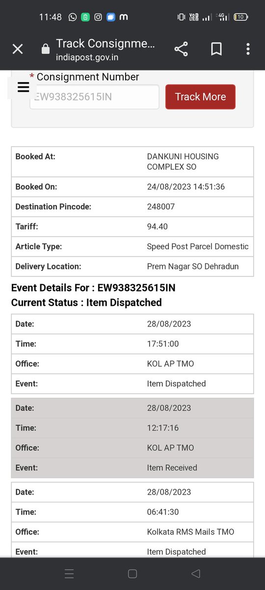 Fresh_TeaLeaf's tweet photo. @IndiaPostOffice @narendramodi It's been 4 days and it just goy dispatched today from Kolkata. Speed Post should not take this long as per my knowledge. Please take a step against it. Consignment Number
EW938325615IN https://t.co/g9n3Dt4xni