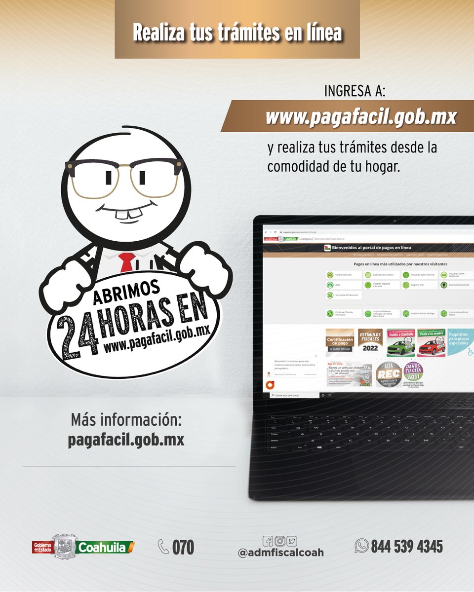¡Realiza tus trámites en línea, disponible las 24 horas!  

Contamos además con Asesoría Fiscal llamando al 070 o bien envía WhatsApp al 8445394345 📷

Con contribuyentes Cumplidos #FuerteCoahuilaEs