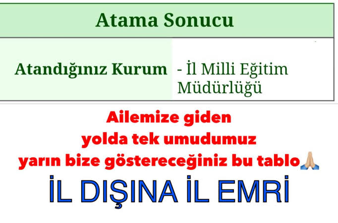 Tüm çabamız bu sonuçla karşılaşmak için 
#ilEmriMujdesi
<a href="/RTErdogan/">Recep Tayyip Erdoğan</a>
<a href="/Yusuf__Tekin/">Yusuf Tekin</a>
<a href="/mebpgm/">Personel Genel Müdürlüğü</a>
<a href="/tcmeb/">Millî Eğitim Bakanlığı</a>