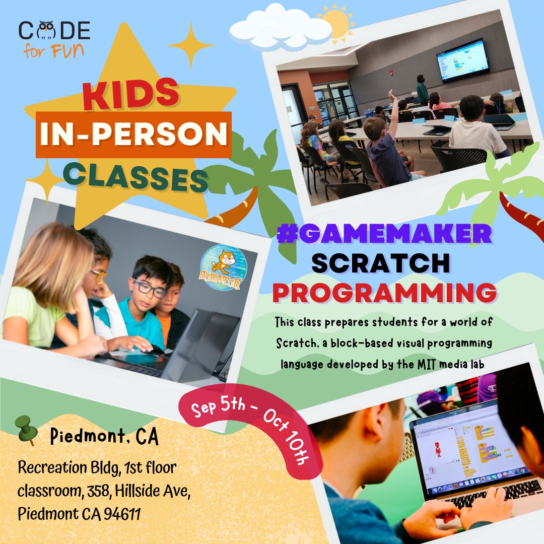 Codeforfun2's tweet image. 🎮 Piedmont! Starting Sept. 5th, join our #GameMaker class at 3:30pm (8-12yrs) & Digital Art w/ Python at 4:45pm (10-13yrs). Let's code every Tuesday!
zurl.co/LCAh - #GameMaker
zurl.co/h1j3 - Digital Art
#TechKids #CodingClass