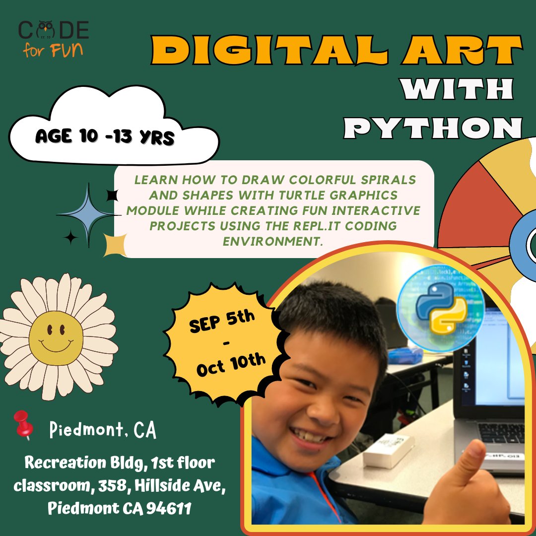 Codeforfun2's tweet image. 🎮 Piedmont! Starting Sept. 5th, join our #GameMaker class at 3:30pm (8-12yrs) & Digital Art w/ Python at 4:45pm (10-13yrs). Let's code every Tuesday!
zurl.co/LCAh - #GameMaker
zurl.co/h1j3 - Digital Art
#TechKids #CodingClass