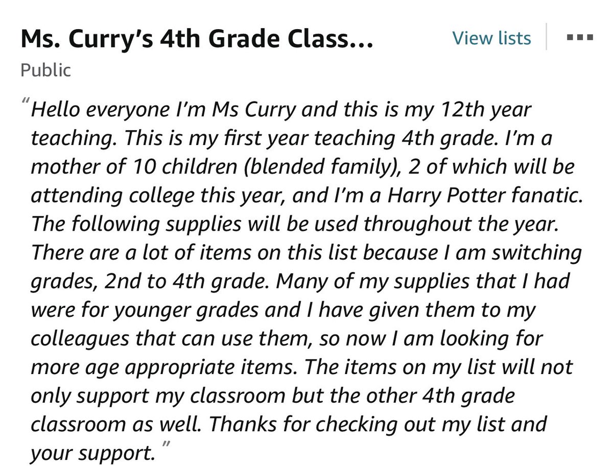 <a href="/clearinglists/">Team Clear The List</a> <a href="/amazon/">Amazon</a> <a href="/DonorsChoose/">DonorsChoose</a> Thank you for the space to share. 

🚌 4th Grade
📍Upstate NY
📚Title 1
👩🏾‍🏫 12th year teaching, 1st in 4th
👩🏾 momma of 10 with 2 entering college.

amazon.com/hz/wishlist/ls…