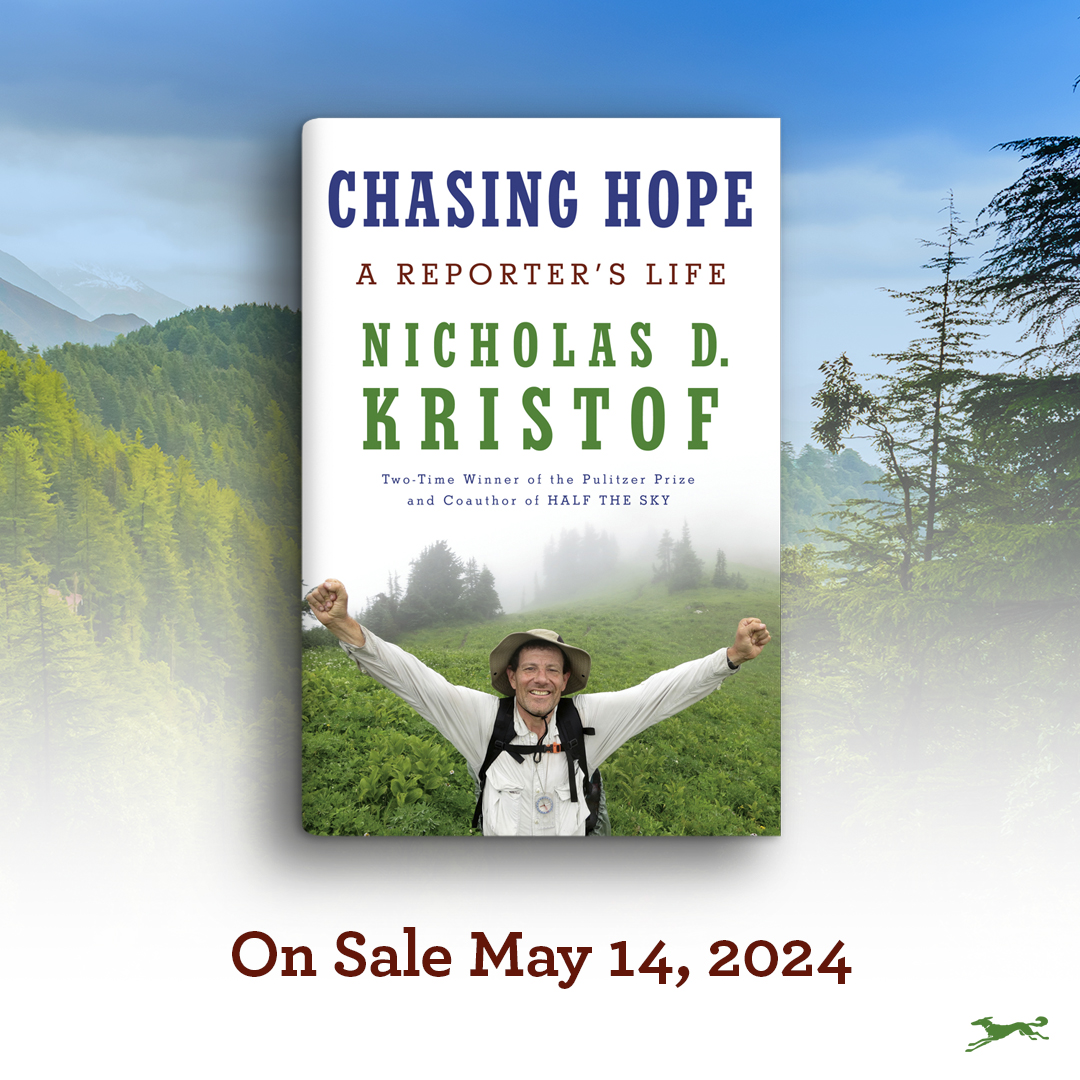 NickKristof's tweet image. I have news! My memoir, Chasing Hope, will be published May 14 from @AAKnopf! I feel too young to write a memoir, but I hope you enjoy it. Chasing Hope is available for preorder at bookstores and websites (support your independent book store!). Info at: penguinrandomhouse.com/books/720814/c…