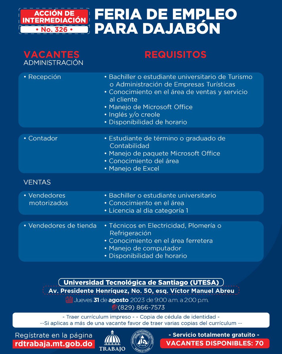 MTrabajoRD's tweet photo. 📝Te invitamos a participar en la #JornadaDeEmpleo No.326. Este jueves 31 de agosto de 09:00 a.m. a 2:00 p.m., en la Universidad Tecnológica de Santiago, recinto Dajabón #UTESA

✅ Recuerda traer tu currículum y copia de cédula 🪪

#SeguimosTrabajando #VacantesRD #EmpleosRD https://t.co/31NO0YOirn