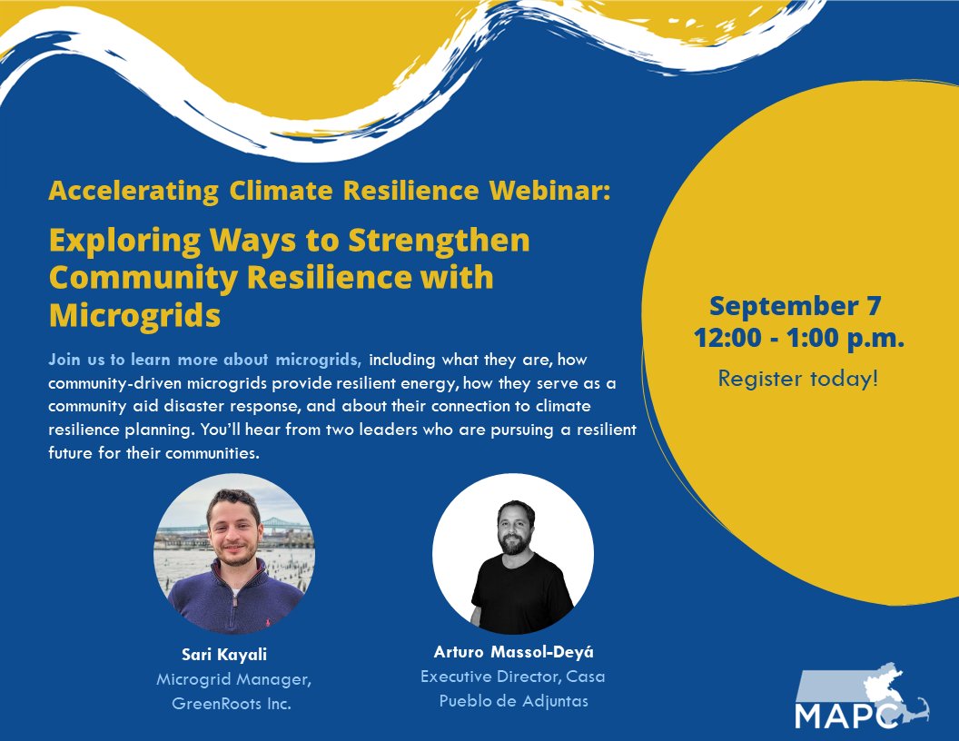 MAPCMetroBoston's tweet image. Join us on Sept. 7 from 12 - 1 p.m. to learn more about microgrids: what they are; how community-driven microgrids provide resilient energy⚡; how they serve as a community aid disaster response; &amp;amp; their connection to climate resilience planning. Register: mapc.ma/3sk1mwA