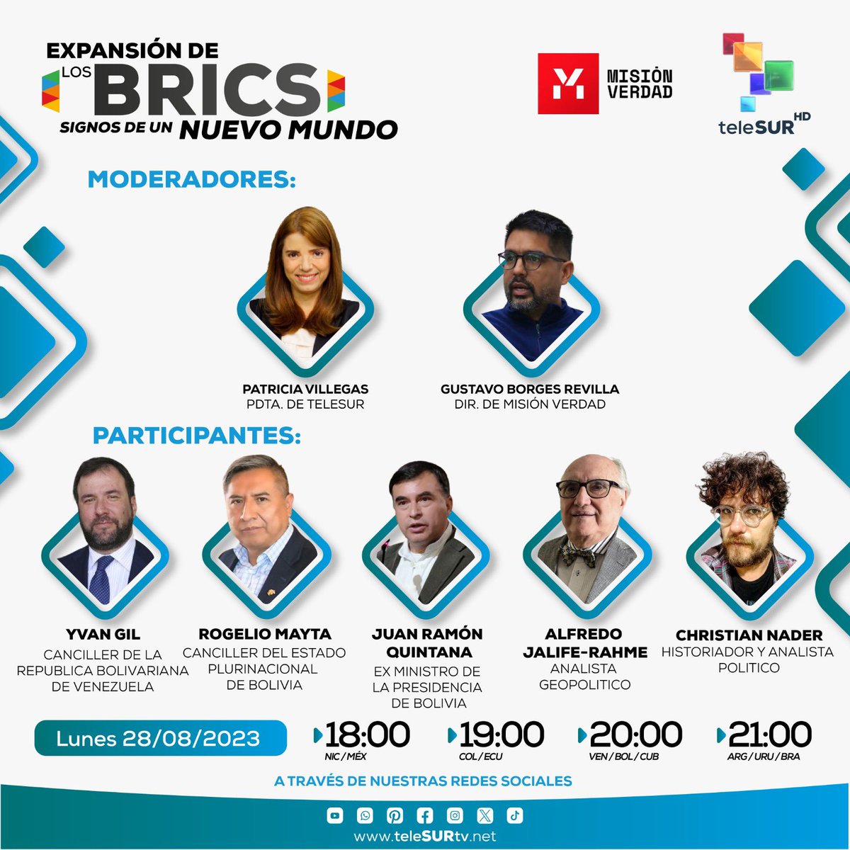 Esta noche por las redes sociales de @Mision_Verdad y @teleSURtv nos juntamos con “ gente que sabe” para hablar sobre los escenarios que se abren tras la cumbre BRICS. Los espero, junto a @GBorgesRevilla