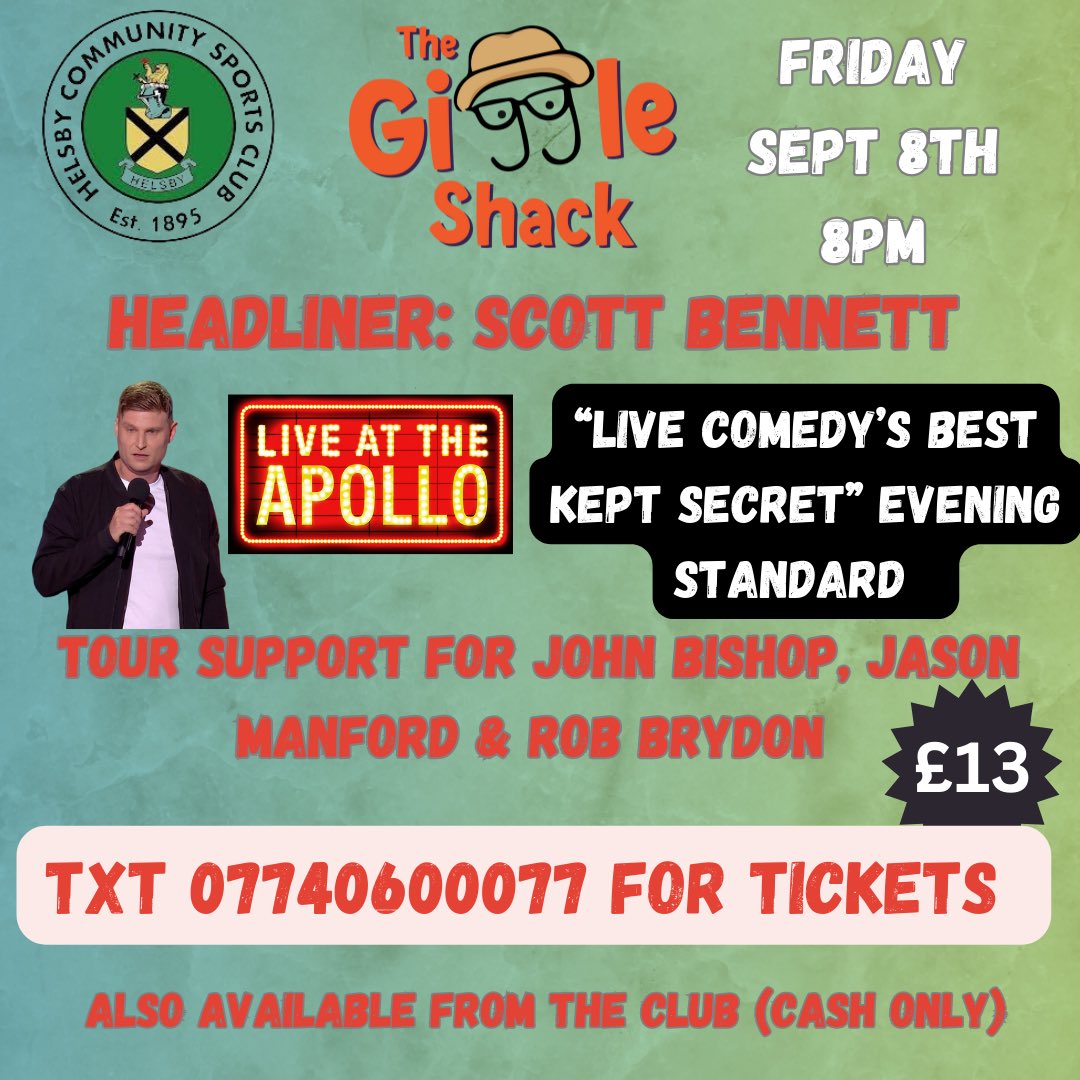 Join us at @HelsbySports on Friday September 8th for another night of live stand up comedy! Headliner @scottbcomedyuk is one of the very best there is in the UK and he’s worth the £13 ticket price alone. Click jokepit.com/e/8128 or Txt 07740600077 for tickets