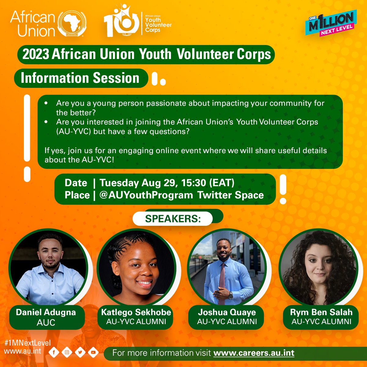 Are you interested in applying for the African Union Youth Volunteer Corps (AU-YVC), but have a few questions? Join us for an info session tomorrow, Tuesday at 15:30 EAT via Twitter Space @AUYouthprogram.

#1mNextLevel #GotWhatItTake