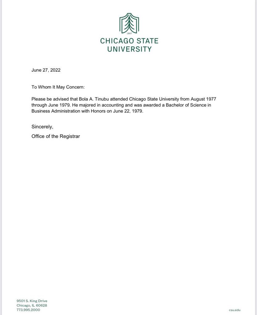 renoomokri's tweet photo. This is now the fifth day of my challenge to Rufai Oseni to publish the subpoena upon which he said that Chicago State University denied Bola Tinubu's academic credentials on Tuesday, November 22, 2022. 

Rufai Oseni also challenged me to publish the document I was given by @ChicagoState University, which I did. I also published their phone number (+1 (773) 995-2517) and their email address (CSU-Registrar@csu.edu), urging anyone who doubted the genuineness of the document and the veracity of what it contains to contact Chicago State University directly. 

Now, I call on all Nigerians who want to know the truth about whether or not President Bola Tinubu attended Chicago State University to call on Rufai Oseni to #PublishTheSubpoena
