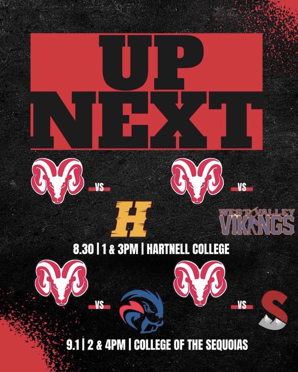 UP THIS WEEK‼️ The Rams kick-off the 2023 season on the road! 🚐 First up, Hartnell & WVC on Wednesday! Then the Rams head to COS Friday to face ARC & Sierra College 👊 🐏🏐🤘#gorams @cvc_sports @FCCathletics @cccwvca @3C2Asports @SCCCD