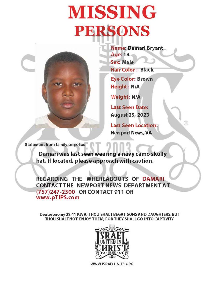 IuicBaltimore's tweet photo. Shalom MHNCB help us find our brothers that went missing from the Newport News Virginia on  Friday August 25, 2023
Deuteronomy 28:41

Thou shalt beget sons and daughters, but thou shalt not enjoy them; for they shall go into captivity. https://t.co/zt3AYOjPu3