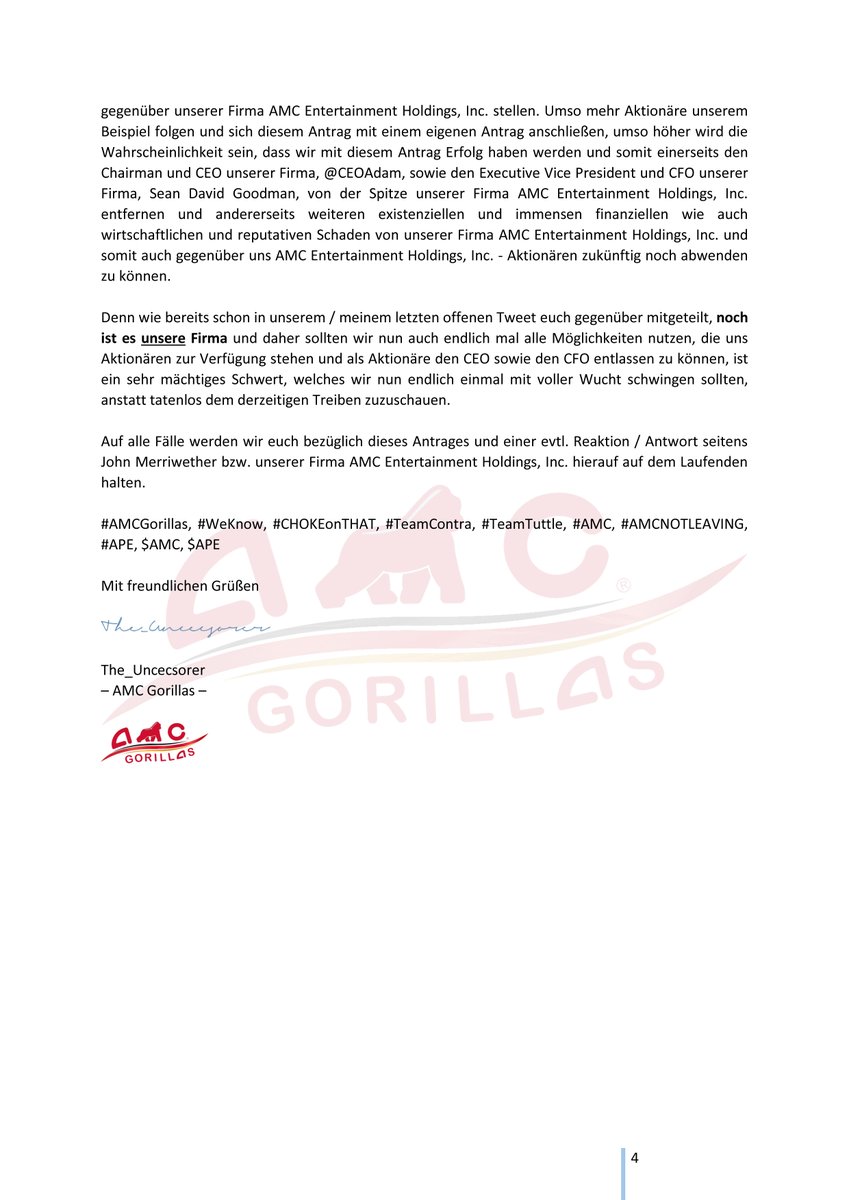 the_uncecsorer's tweet photo. ~~~ Mein dritter offener Tweet an die (amerikanischen) AMC - Aktionäre. ~~~
#AMCGorillas, #WeKnow, #CHOKEonTHAT, #TeamContra, #TeamTuttle, #AMC, #AMCNOTLEAVING, #APE, $AMC, $APE https://t.co/K74fz0rFdZ
