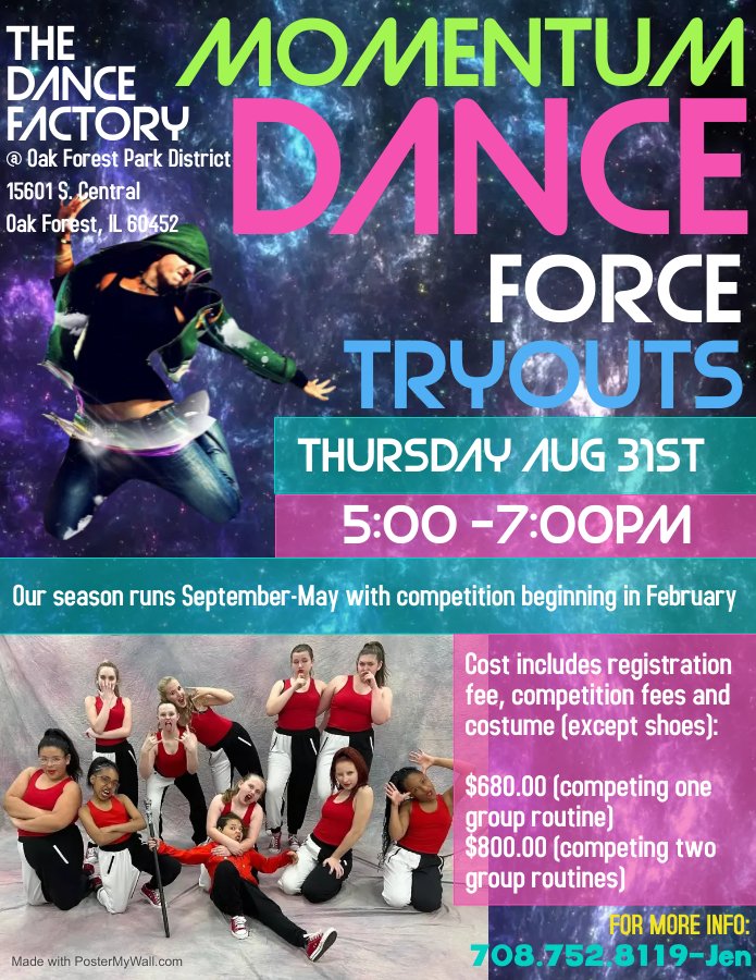 OakForestParks's tweet photo. Join our IPDDC Dance State Champs, Momentum Dance Force, for another fabulous season. Tryouts are this Thursday, August 31st from 5-7pm. @oakforestdance @cityofoakforest @ExperienceOFHS @KerkstraCougars @FosterLions @ForestRidge142 https://t.co/vPfbnccDtG