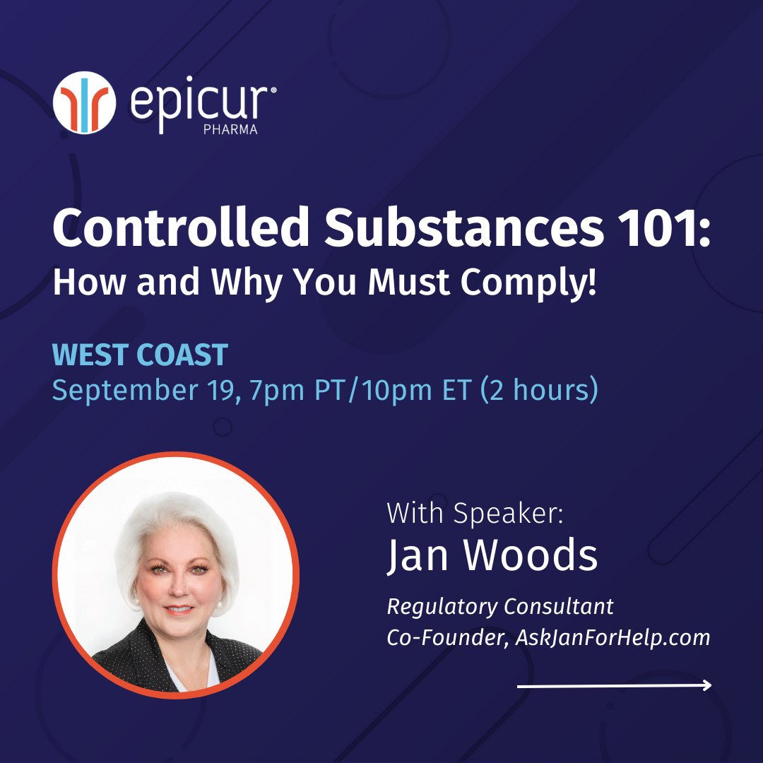 EpicurP's tweet photo. Register for Jan Woods’ upcoming Controlled Substances Webinar and build your DEA regulatory compliance. Earn 3 RACE-approved CE credit hours!

9/19 at 7pm PT (Ideal for West Coast): https://t.co/5mml315n9R

9/26 at 7pm ET (Ideal for East Coast): https://t.co/44TswkYdgl https://t.co/n9ql9ozoTa
