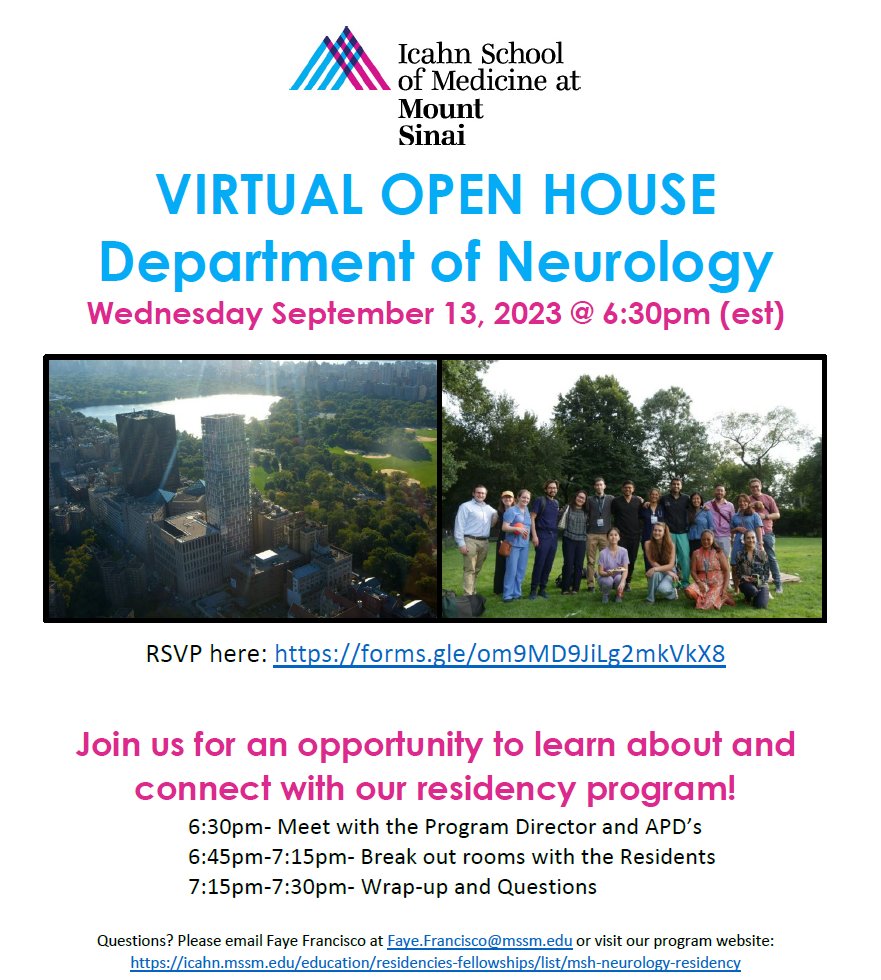 MSHSNeurology's tweet photo. For all #neurology applicants! Join us for a Virtual Open House on Sep 13 at 6:30pm EST to learn more about our Residency Program. 

RSVP to receive the Zoom link - 
https://t.co/3x2o4d2VYM

For any questions, please contact faye.francisco@mssm.edu   
 #MedEd #MedicalStudent https://t.co/aHr1fYbFk7