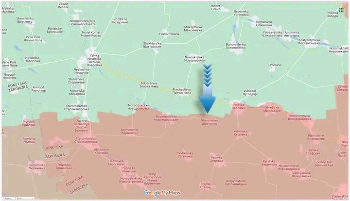 JustusUwakwe's tweet image. #Ukrainian Armed Forces #AFU break Russian defenses, advancing 1 km near #Ševčenko village, west of #Vugledar. #UkraineAdvances #RussianDefenses #ŠevčenkoProgress