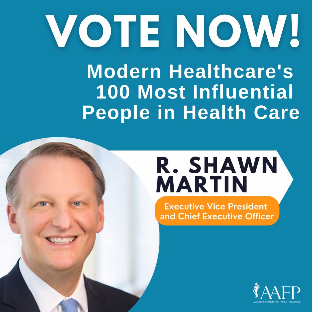 #AAFP leader @rshawnm is nominated as one of @modrnhealthcr’s 100 Most Influential People in Health Care! Recognize Shawn's contributions to family medicine and vote for him by September 18: bit.ly/300sNgx