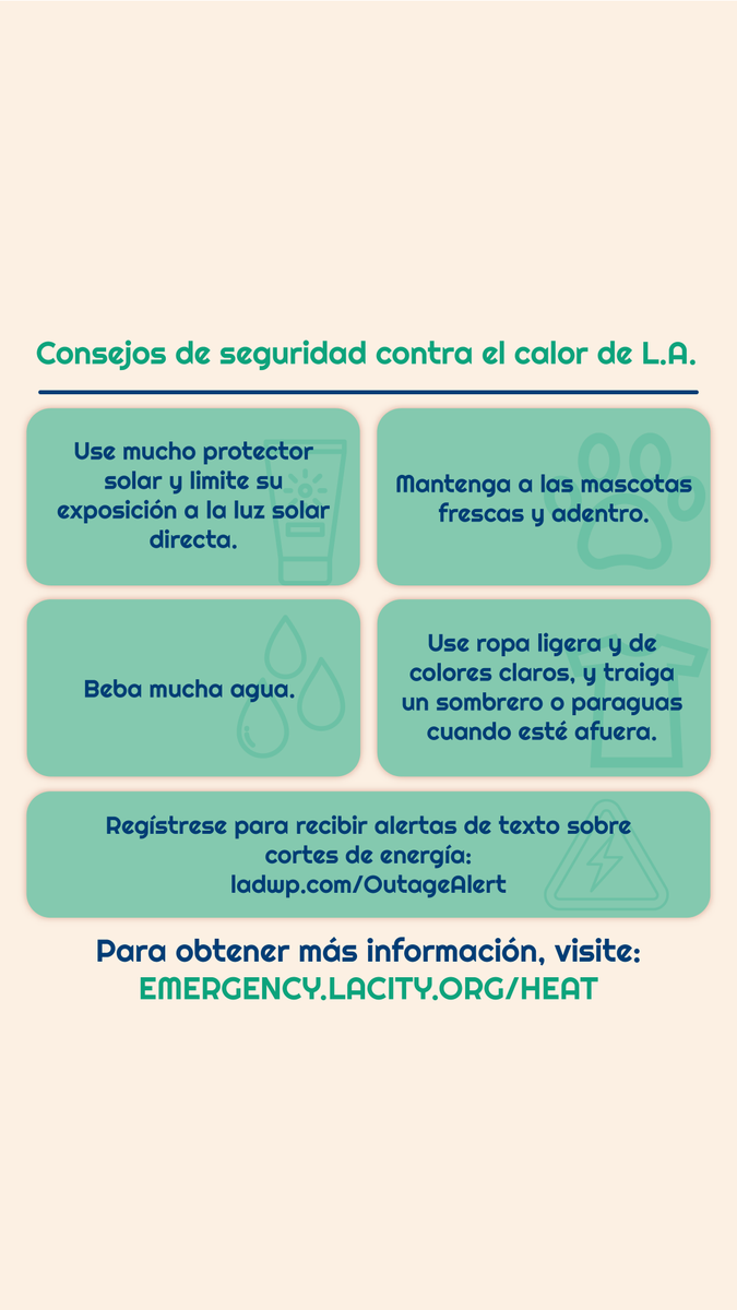 As we see a spike in temperatures this week, there are City resources in place to help Angelenos stay cool.

Visit Emergency.LACity.gov/Updates to find a cooling center near you and share these safety tips.