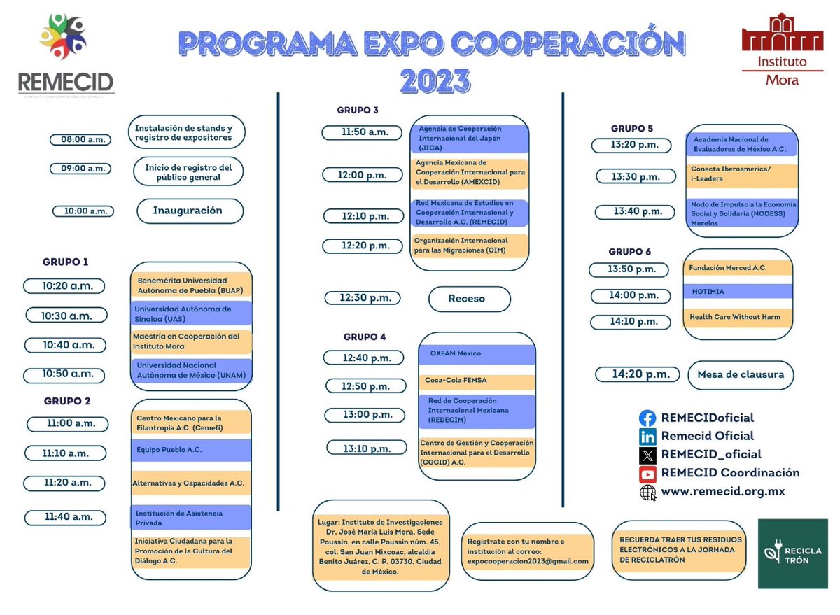 REMECID_oficial's tweet photo. 🎉 ¡La cuenta regresiva está en marcha para la Expo Cooperación 2023, este miércoles 30 de agosto!
¿Ya conoces cada detalle de nuestro programa? Si no lo has explorado, ¡te espera un día lleno de descubrimientos! 🌍
🗓️ #ExpoCooperación2023 #REMECID #LaCooperaciónEsAcción https://t.co/xb507NcEc9