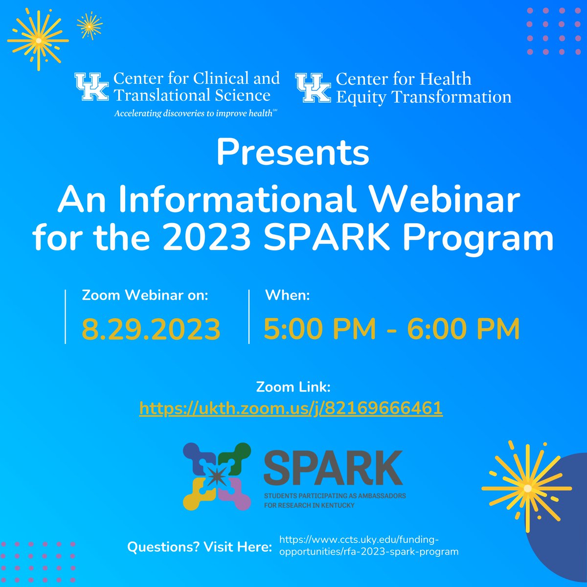 UK_CCTS's tweet photo. Want to learn more about the SPARK Program? Join us tomorrow Tuesday, Aug. 29 for an informational webinar here: https://t.co/qtskbeg6kR
More info: https://t.co/rwMXbMkrco
#ukyresearch #universityofkentucky #cctsresearch #SPARKprogram https://t.co/34c76y6bW3